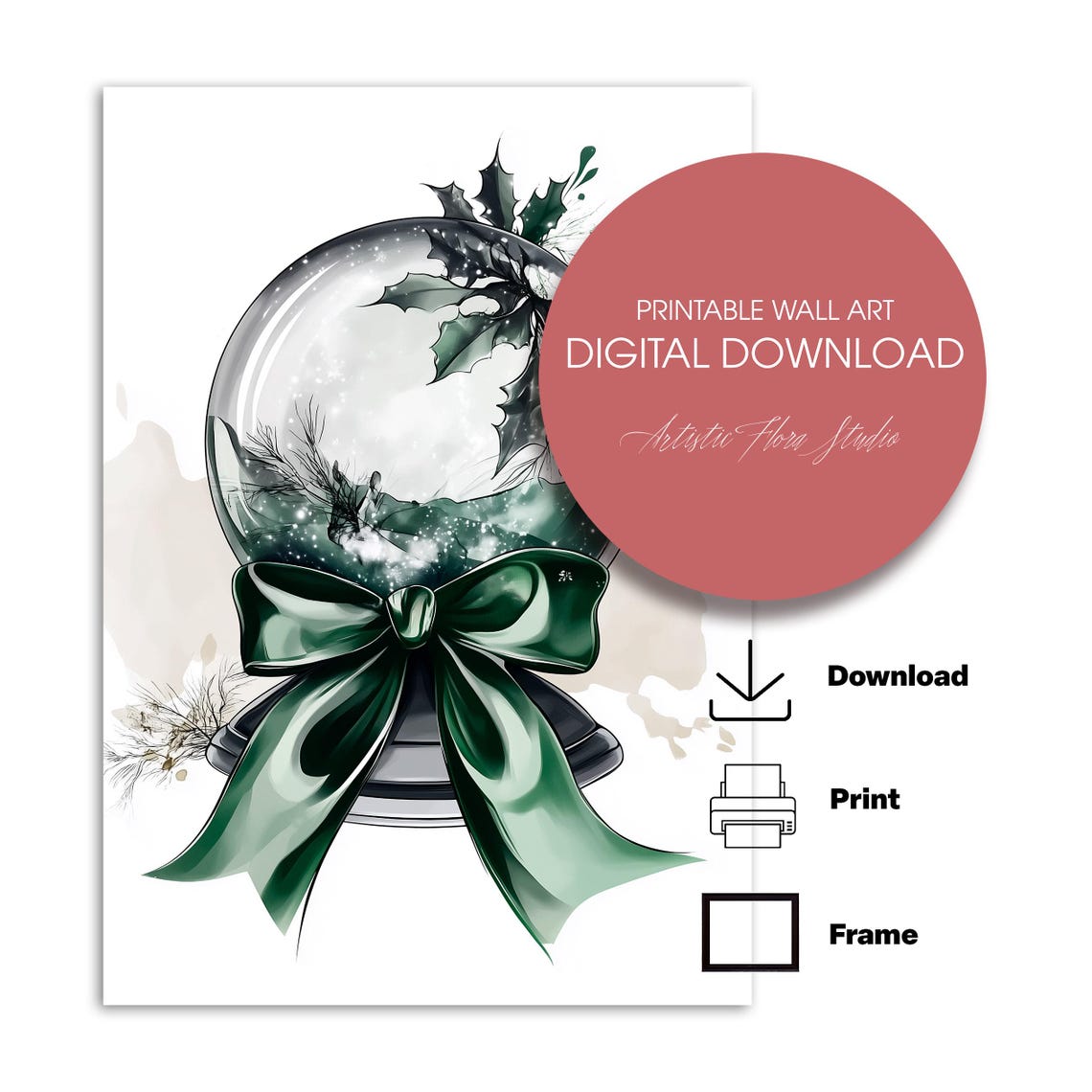 Green Holly Snow Globe With Satin Bow Christmas Watercolor Art Poster - Image 3