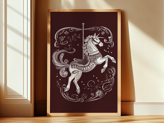 White Carousel Unicorn Line Art Burgundy Vintage Circus Poster