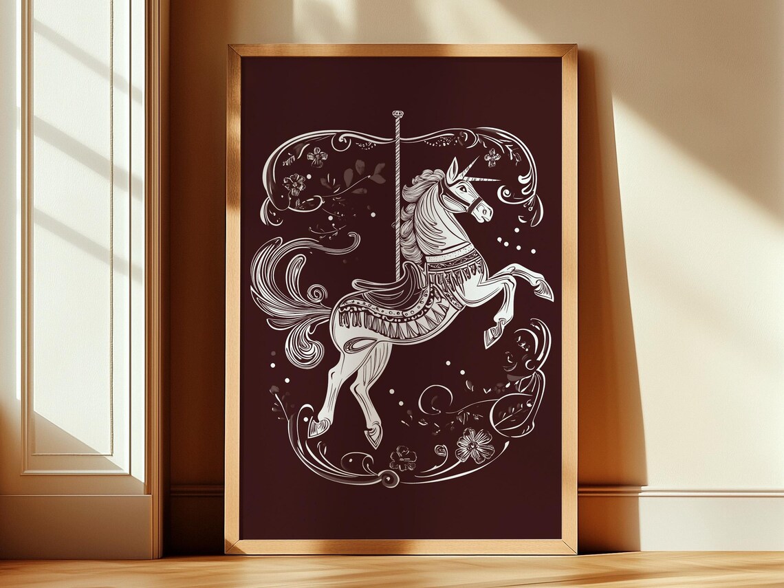 White Carousel Unicorn Line Art Burgundy Vintage Circus Poster