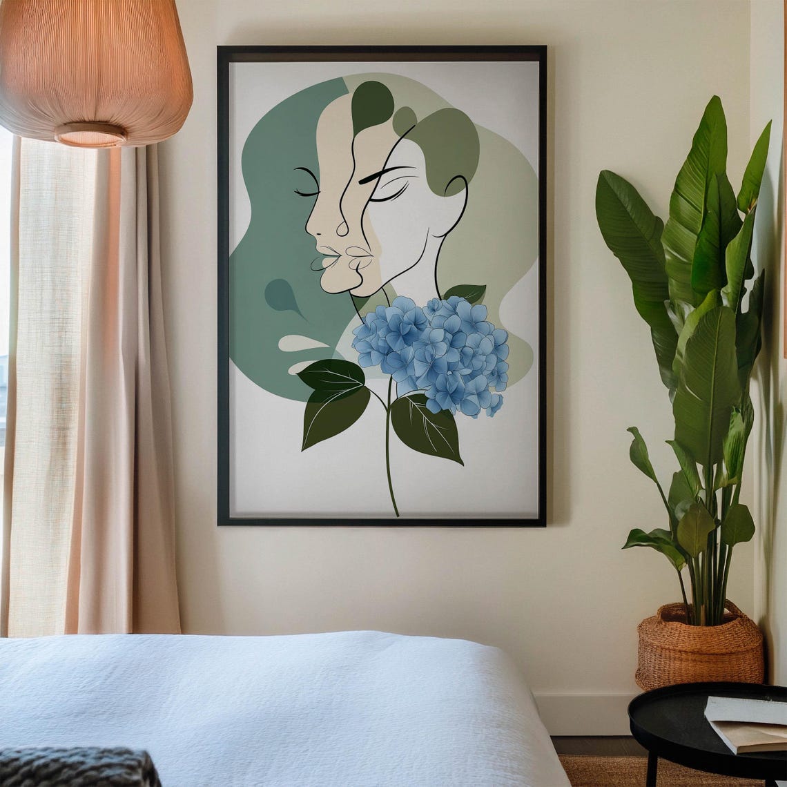 Cubist Line Art Abstract Woman Face Sage Green Hydrangea Poster - Image 3