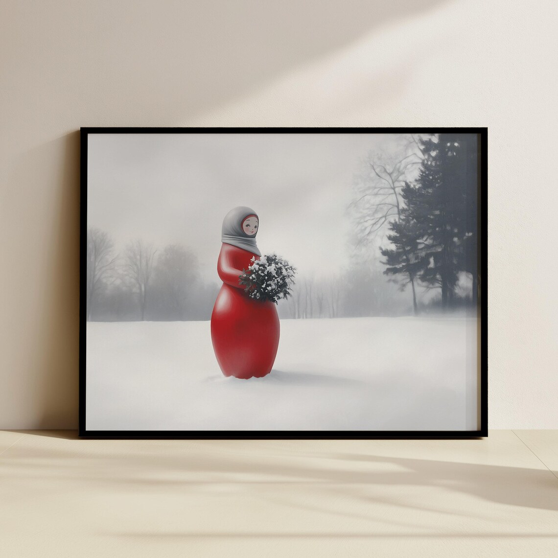 Red Matryoshka Doll With Gray Scarf In Snowy Landscape Art Poster