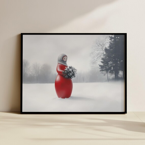 Red Matryoshka Doll With Gray Scarf In Snowy Landscape Art Poster