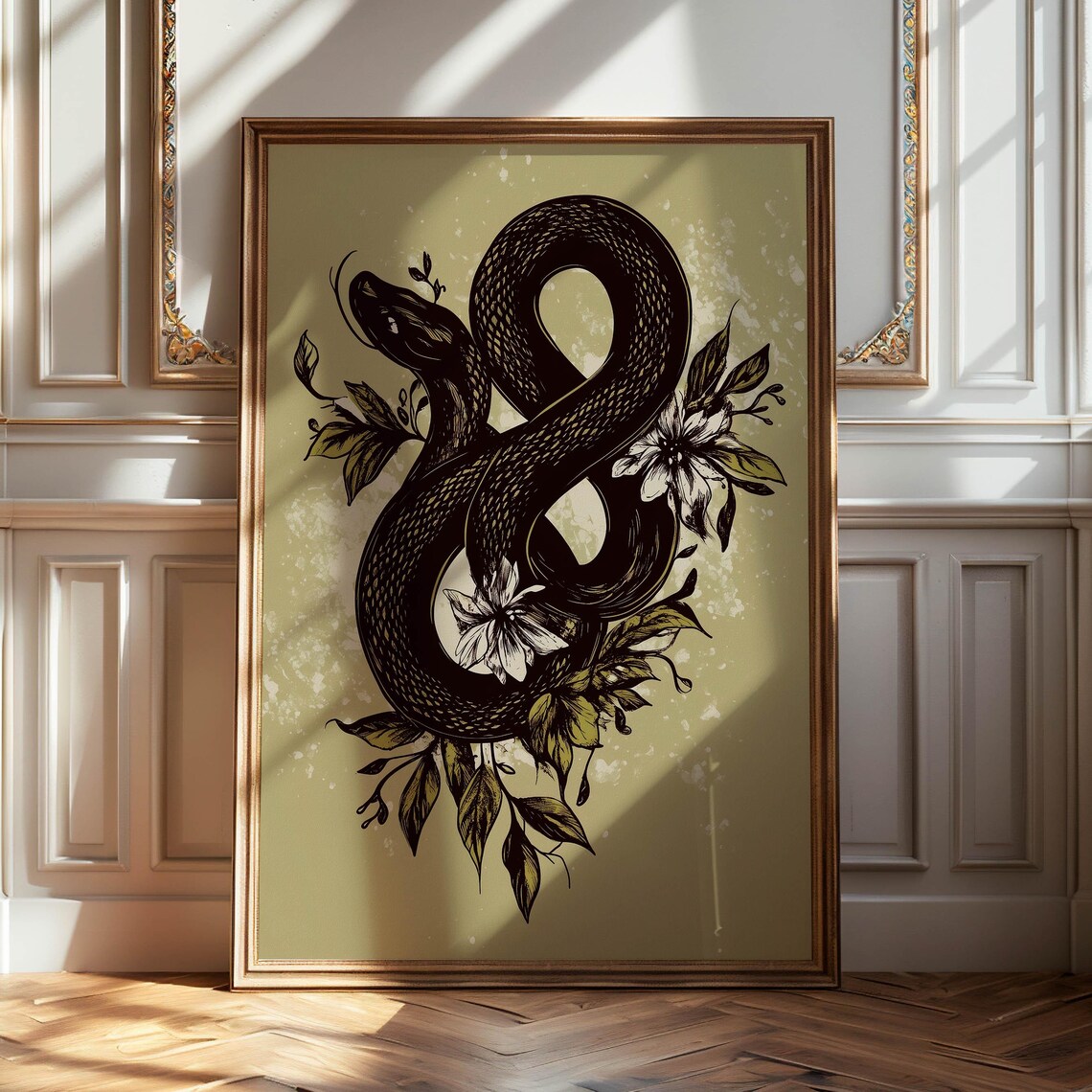 Black Serpent Botanical Illustration Floral Moody Nature Art Poster