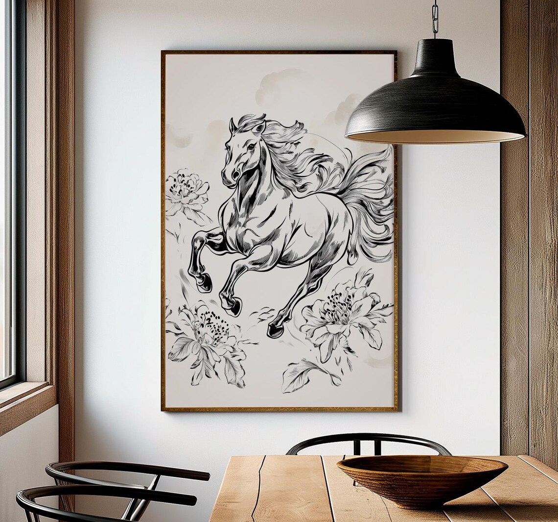 Galloping Horse Ink Illustration Peony Flower Black White Poster - Image 3