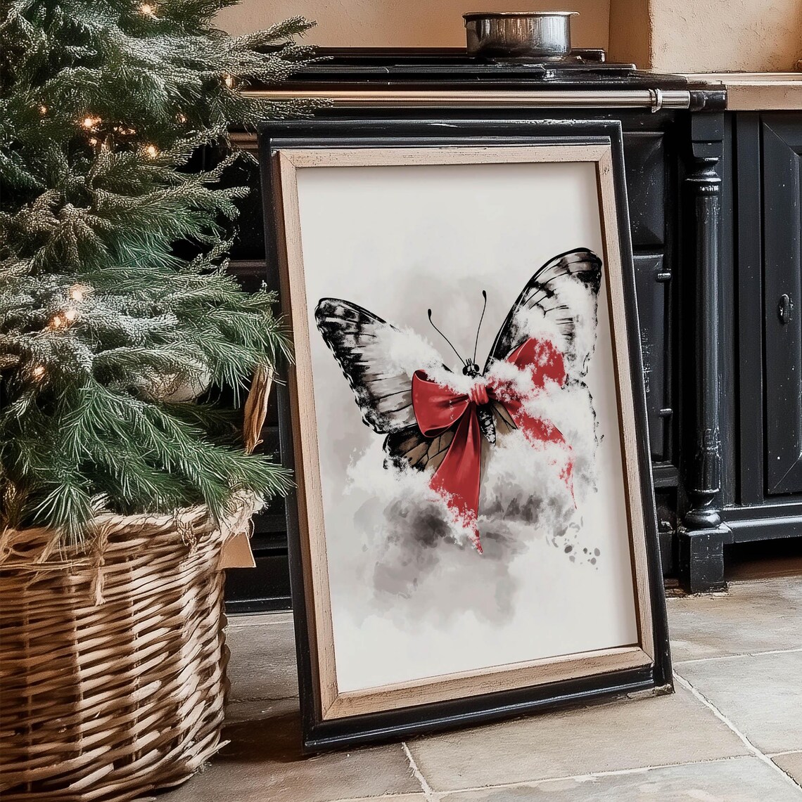 Butterfly With Red Bow Dusting Of Snow Winter Watercolor Art Poster - Image 2