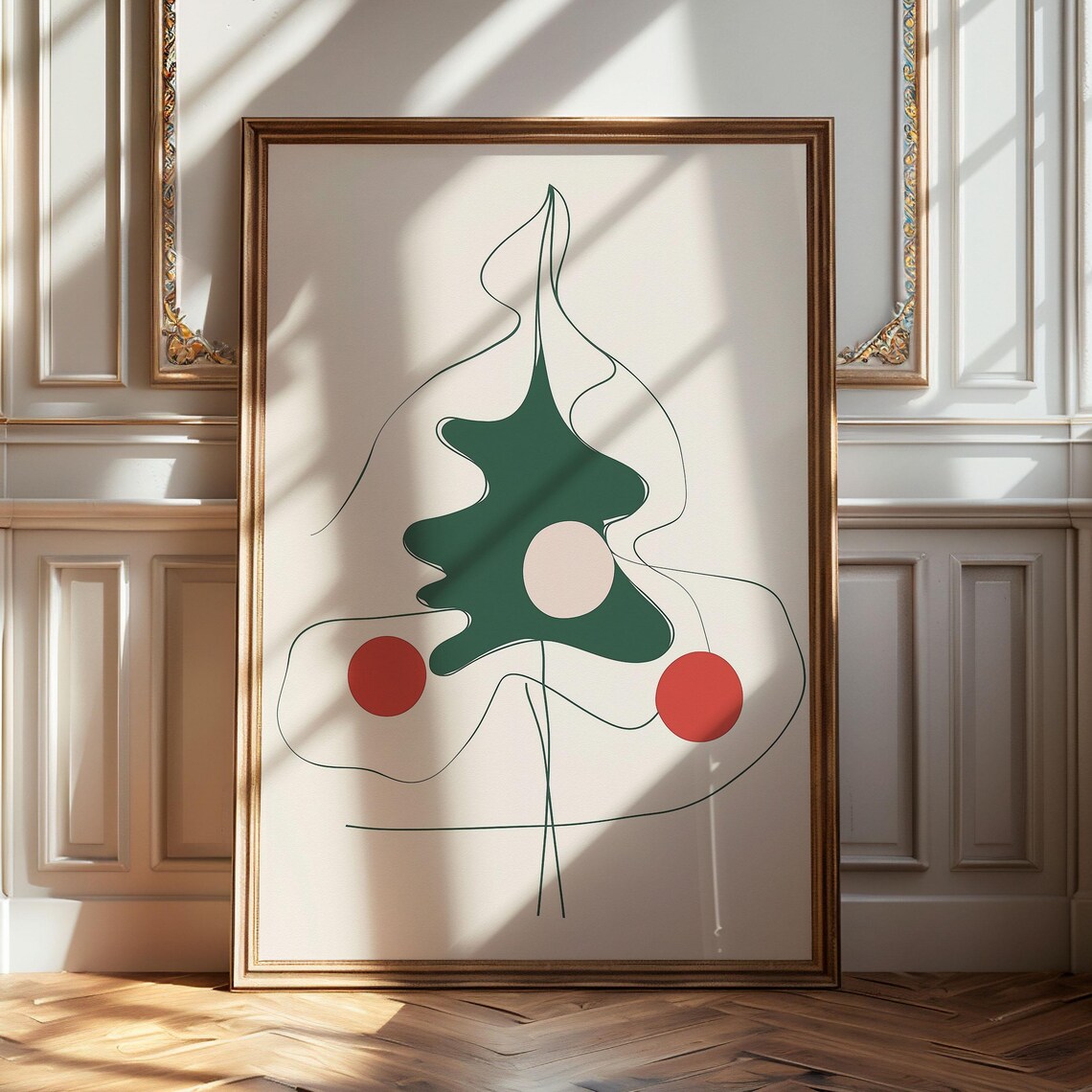 Abstract Green Line Drawing Christmas Tree With Red Ornaments Poster
