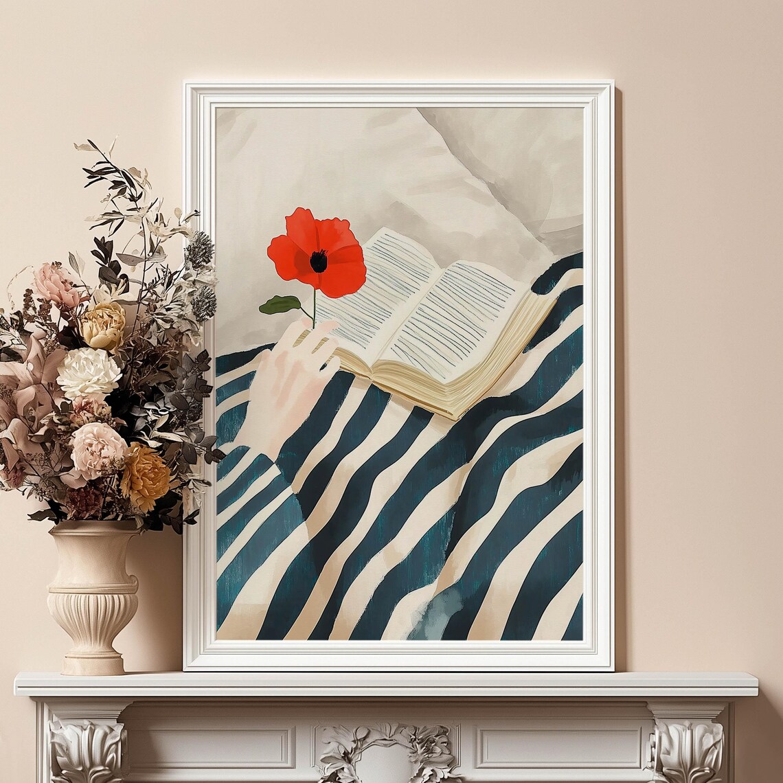 Cozy Woman Reading Book with Red Poppy Striped Shirt Art Poster - Image 4