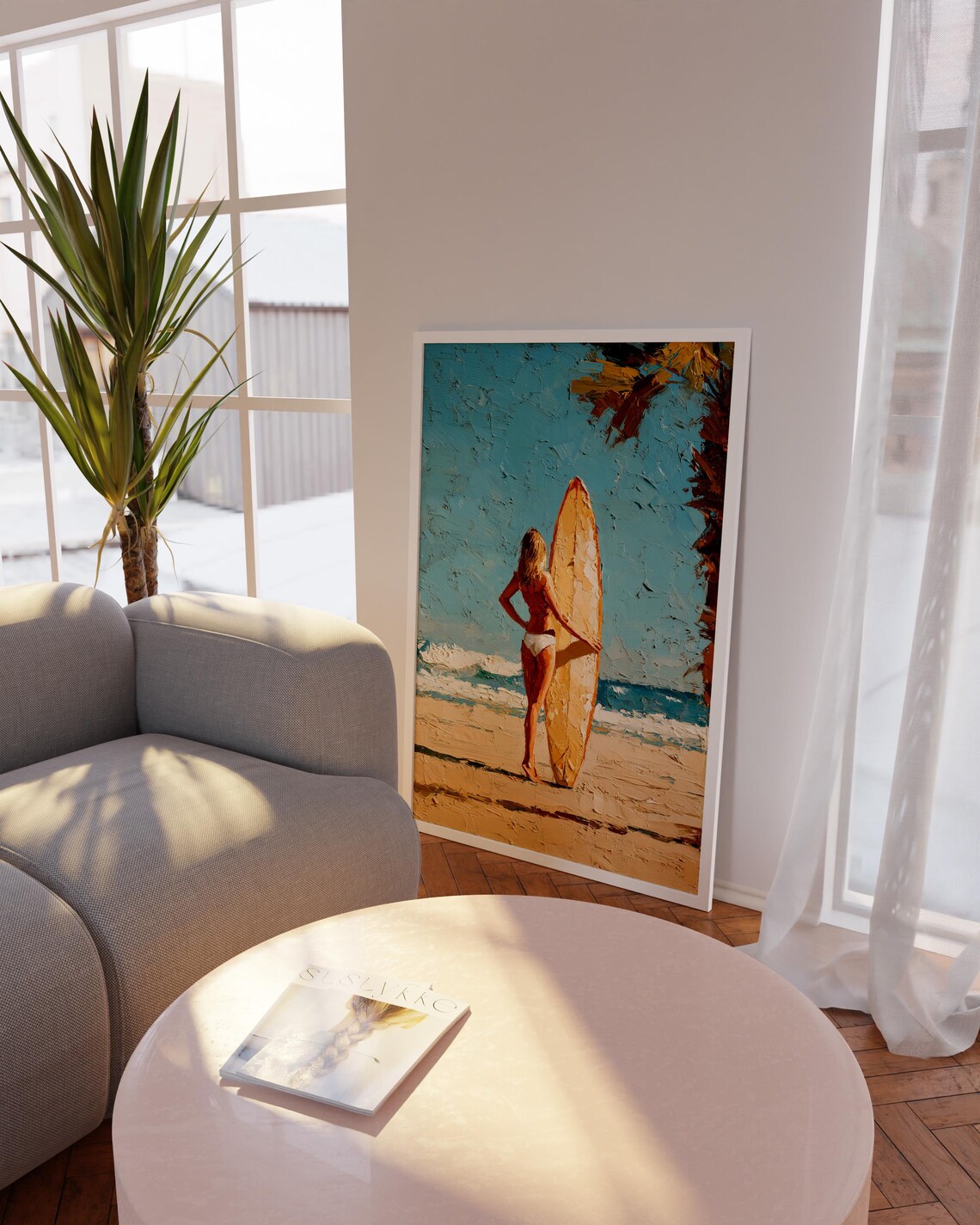 Surfer Girl With Longboard On Sandy Beach Turquoise Ocean Oil Poster