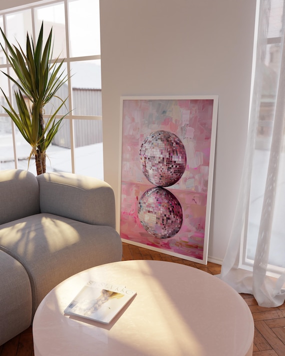 Pink Disco Ball Resting On Its Reflection Pastel Party Art Poster