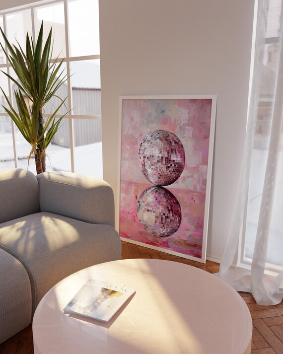Pink Disco Ball Wall Art Modern Abstract Poster Pastel Party Room Decor Glam Dance Print Trendy Girl
