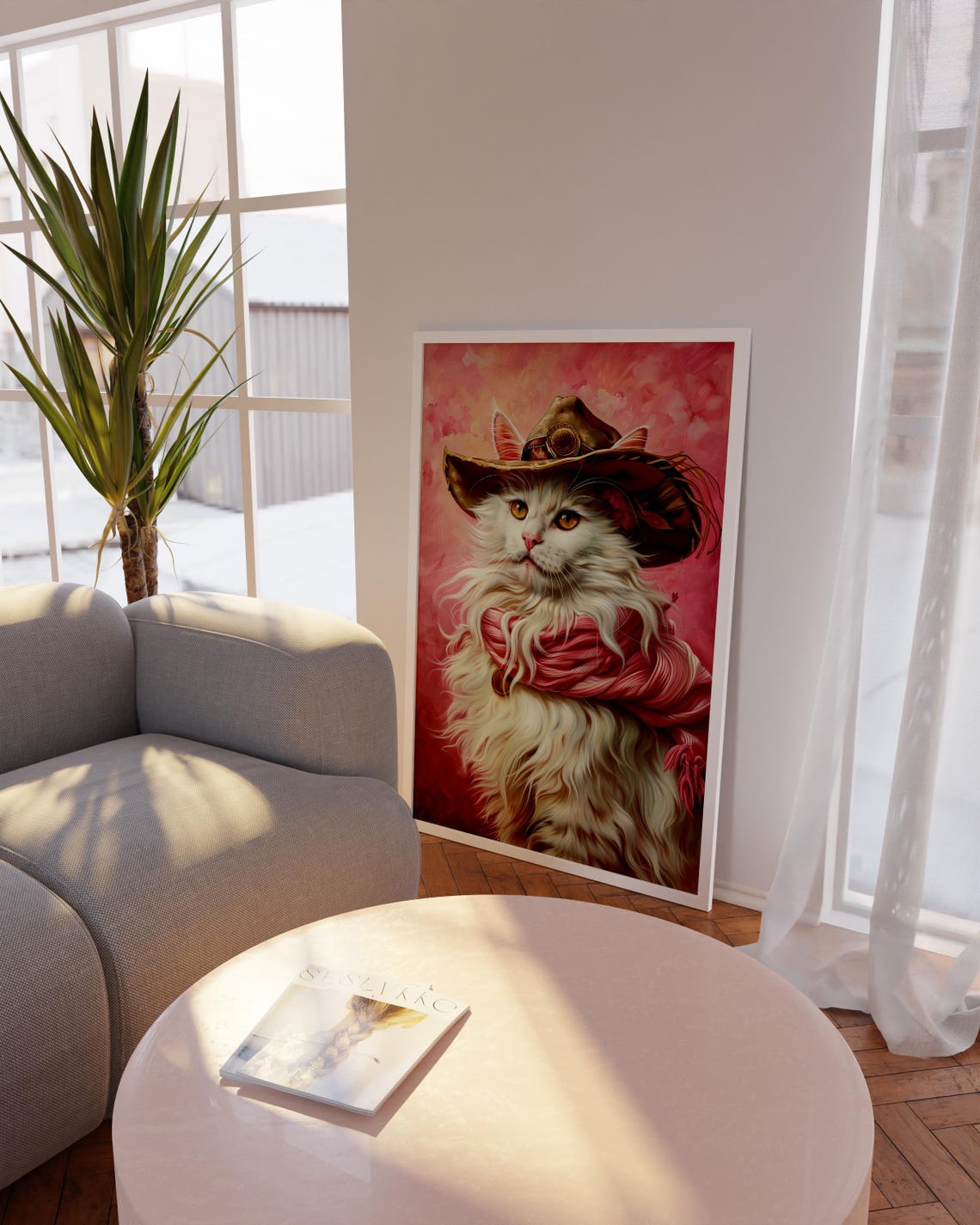 Fluffy White Cat In Cowboy Hat Cute Western Pet Portrait Poster