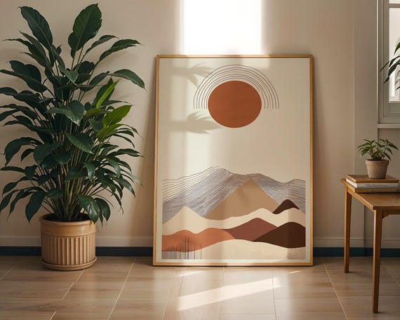 Minimalist Mountain Sun Art Print Abstract Landscape Wall Japandi Earthy Tones Poster Modern Boho Home Decor