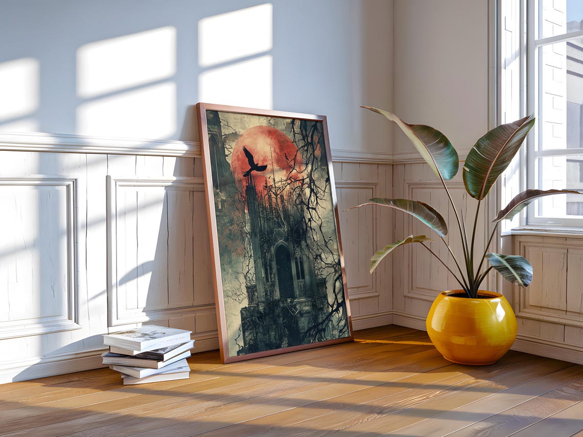 Gothic Castle Blood Moon Raven Haunted Ruins Dark Fantasy Art Poster - Image 2