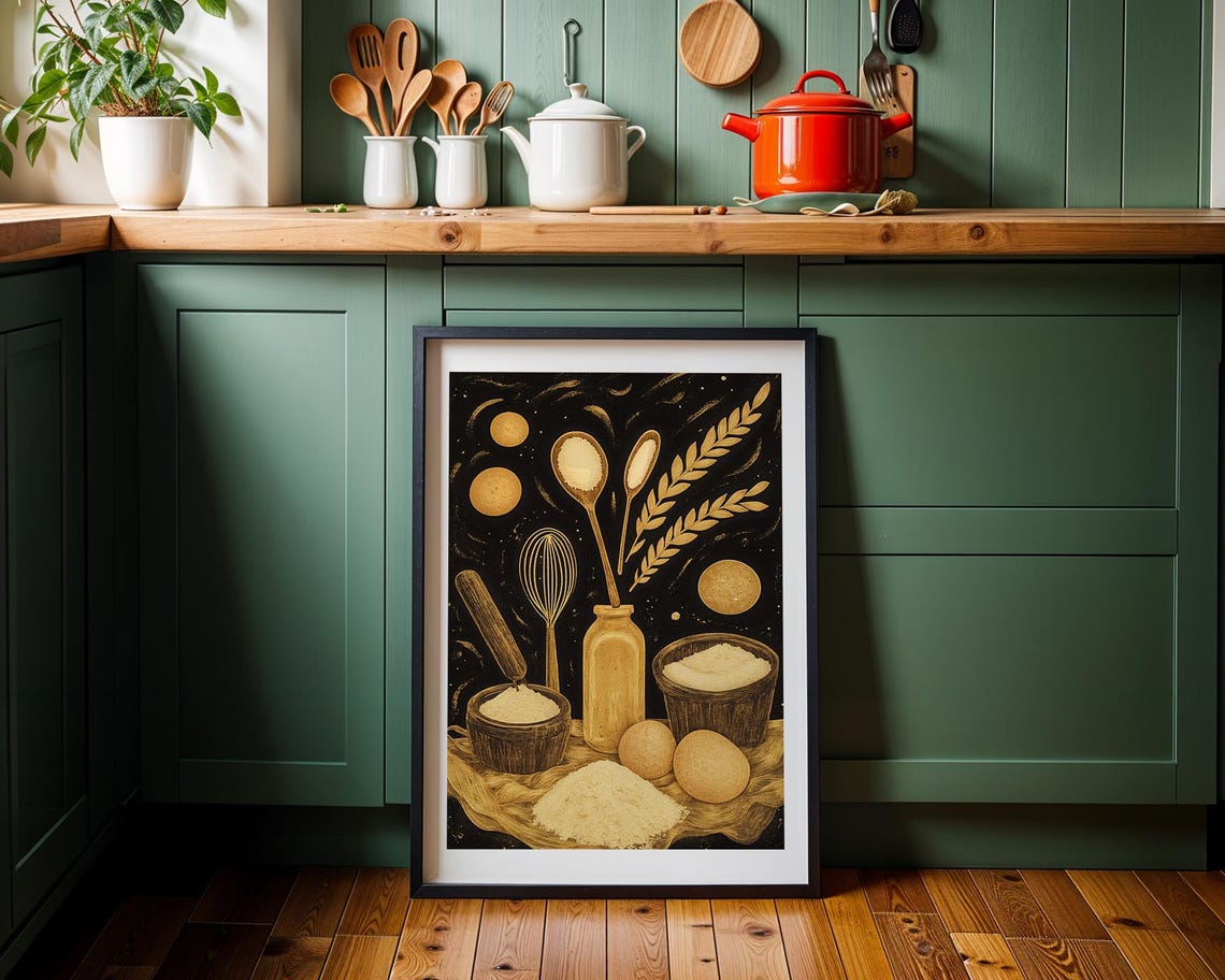 Golden Wheat Flour Baking Still Life on Black Kitchen Art Poster - Image 4