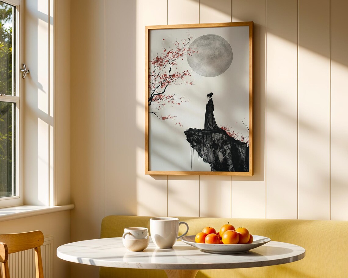 Japanese Moon Samurai Woman Art Print, Zen Minimalist - Image 4
