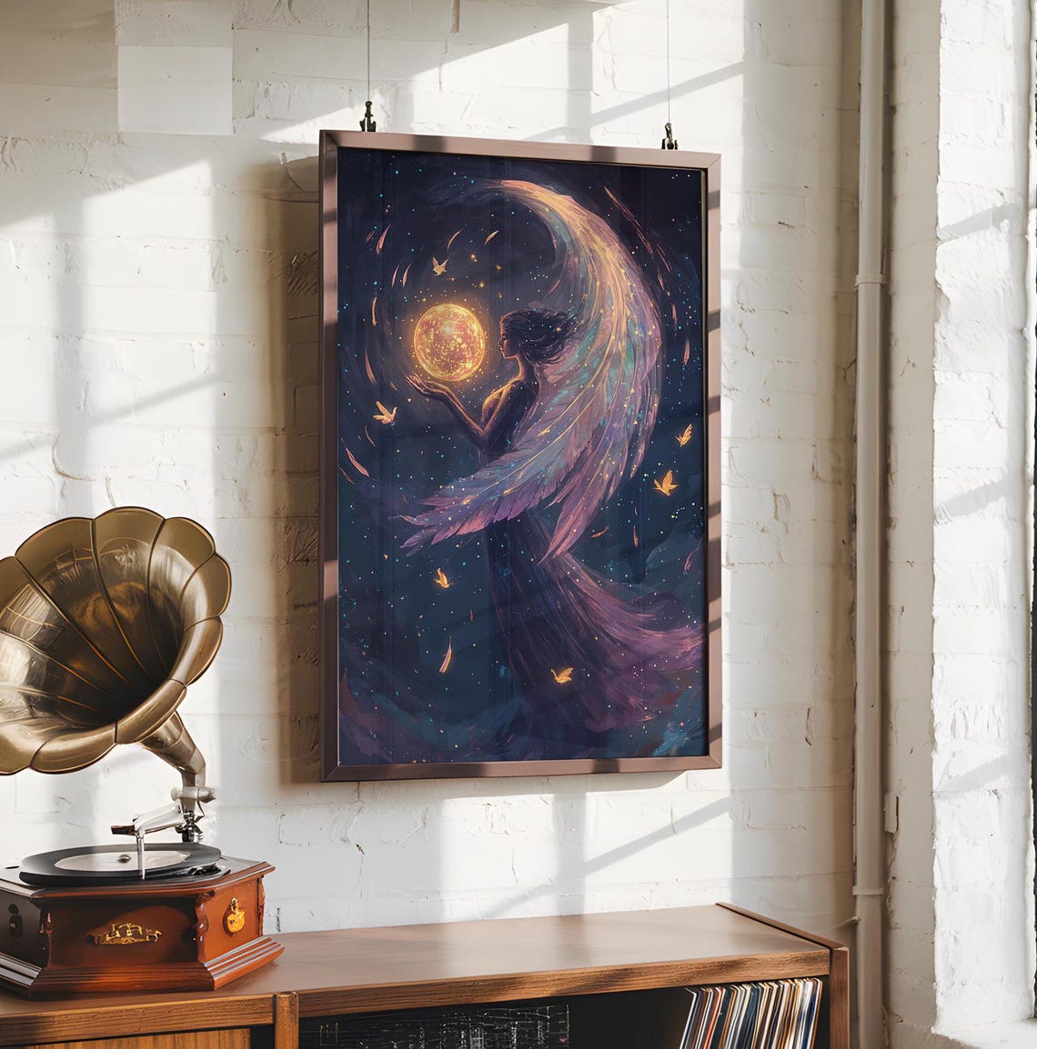 Celestial Angel Sun Orb Golden Wings Night Sky Fantasy Dream Poster