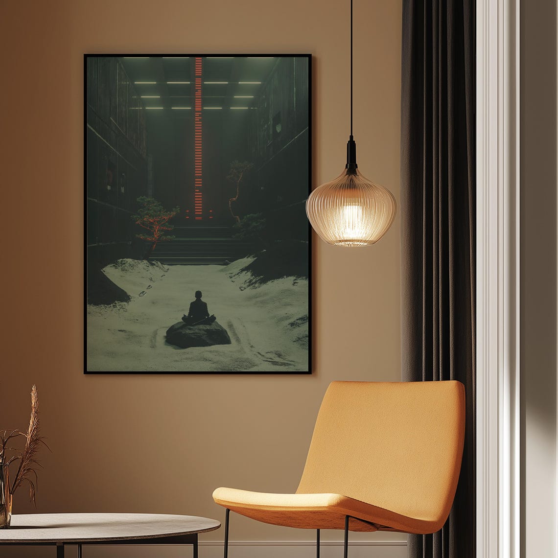 Meditating Figure Urban Zen Alley Neon Red Light Calm Mindful Poster - Image 3