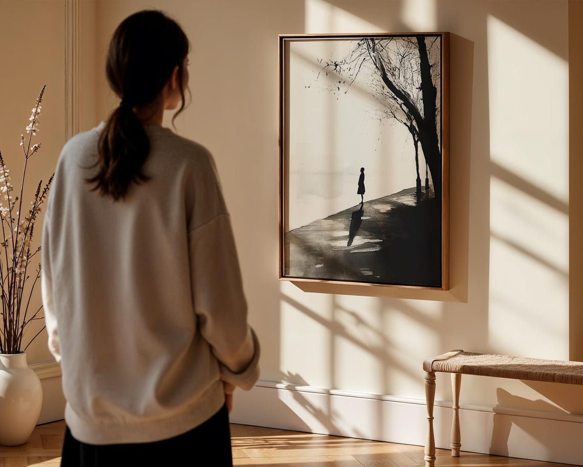 Lone Walker Minimalist Ink Landscape Black White Wall Poster - Image 2