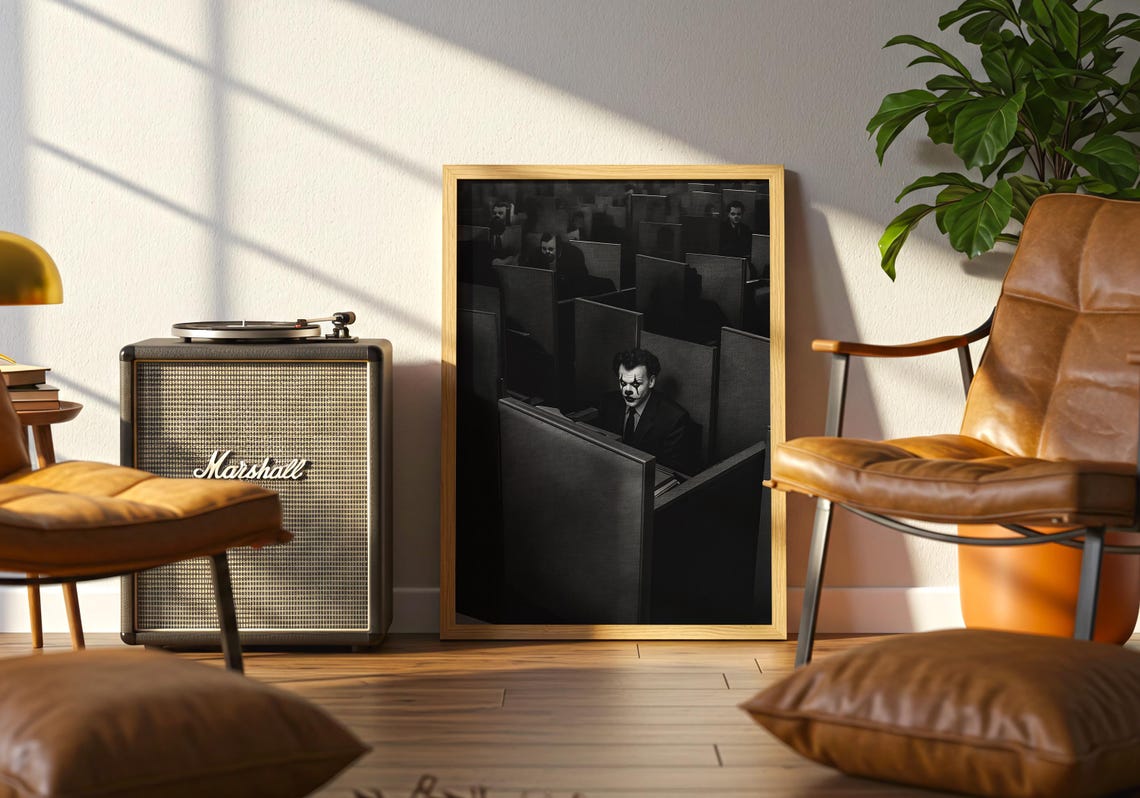 Lonely Clown in a Dark Grey Office Cubicle Maze Black White Poster - Image 5