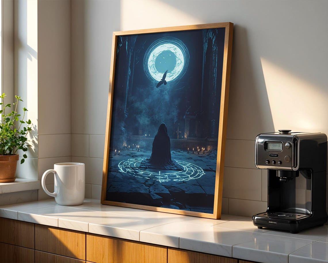 Hooded Figure Moon Portal Crow Ritual Dark Fantasy Art Poster - Image 3