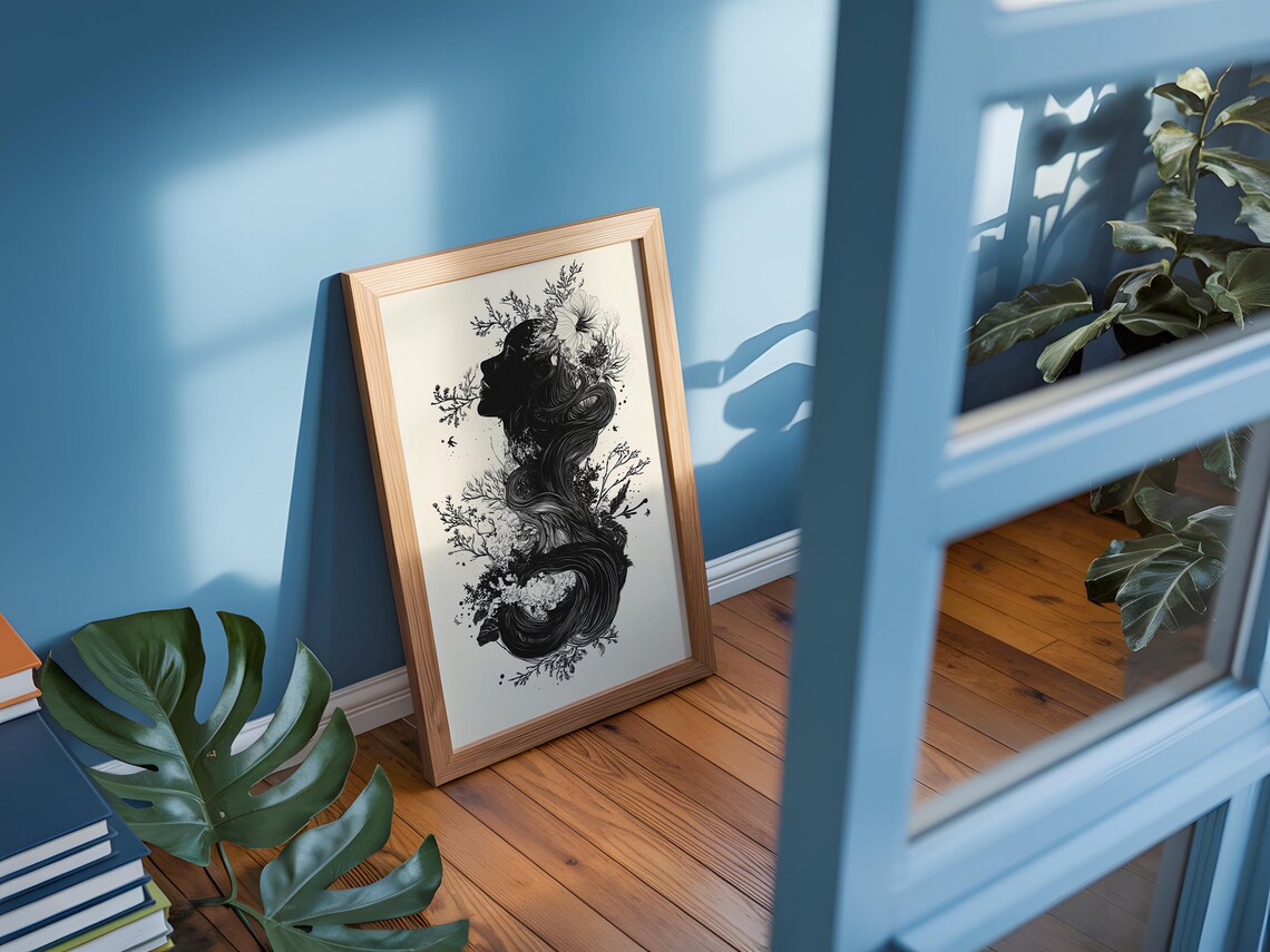 Black White Woman Silhouette Floral Hair Ethereal Nature Art Poster - Image 4