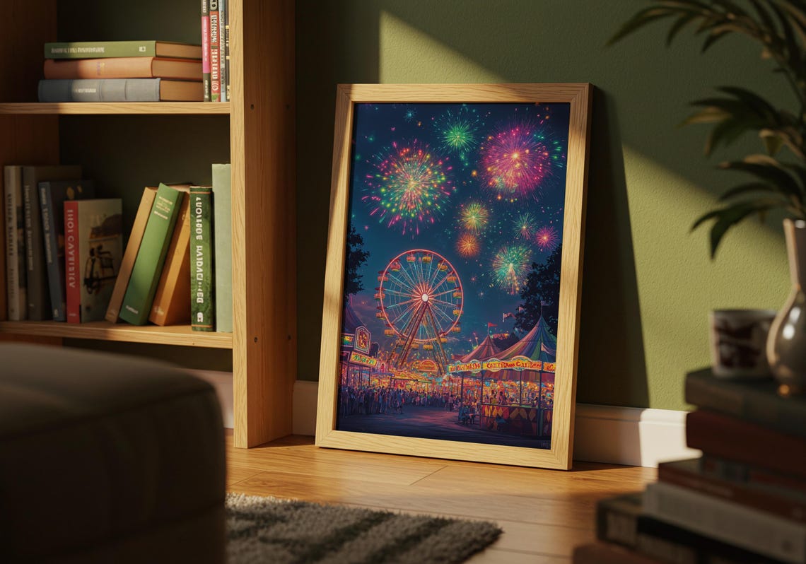 Night Carnival Fireworks Ferris Wheel Midway Lights Festival Poster - Image 2