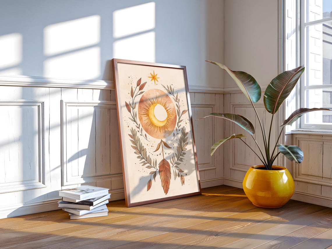 Boho Sun Moon Celestial Art Poster Leaf Wreath Feather Decor - Image 2