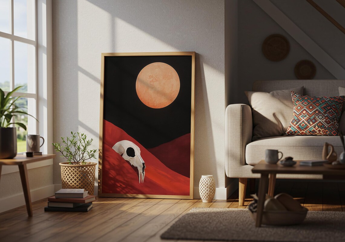 Animal Skull Resting in Red Desert Dunes Under a Huge Orange Moon Poster - Image 2