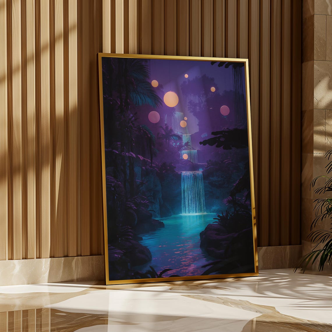Neon Purple Waterfall Jungle Glowing Orbs Fantasy Lagoon Art Poster - Image 5