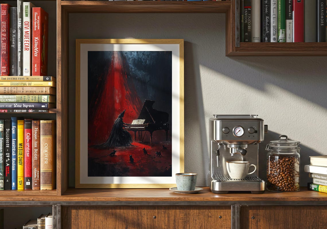 Gothic Pianist Cats Red Stage Dark Surreal Witchy Wall Poster - Image 2
