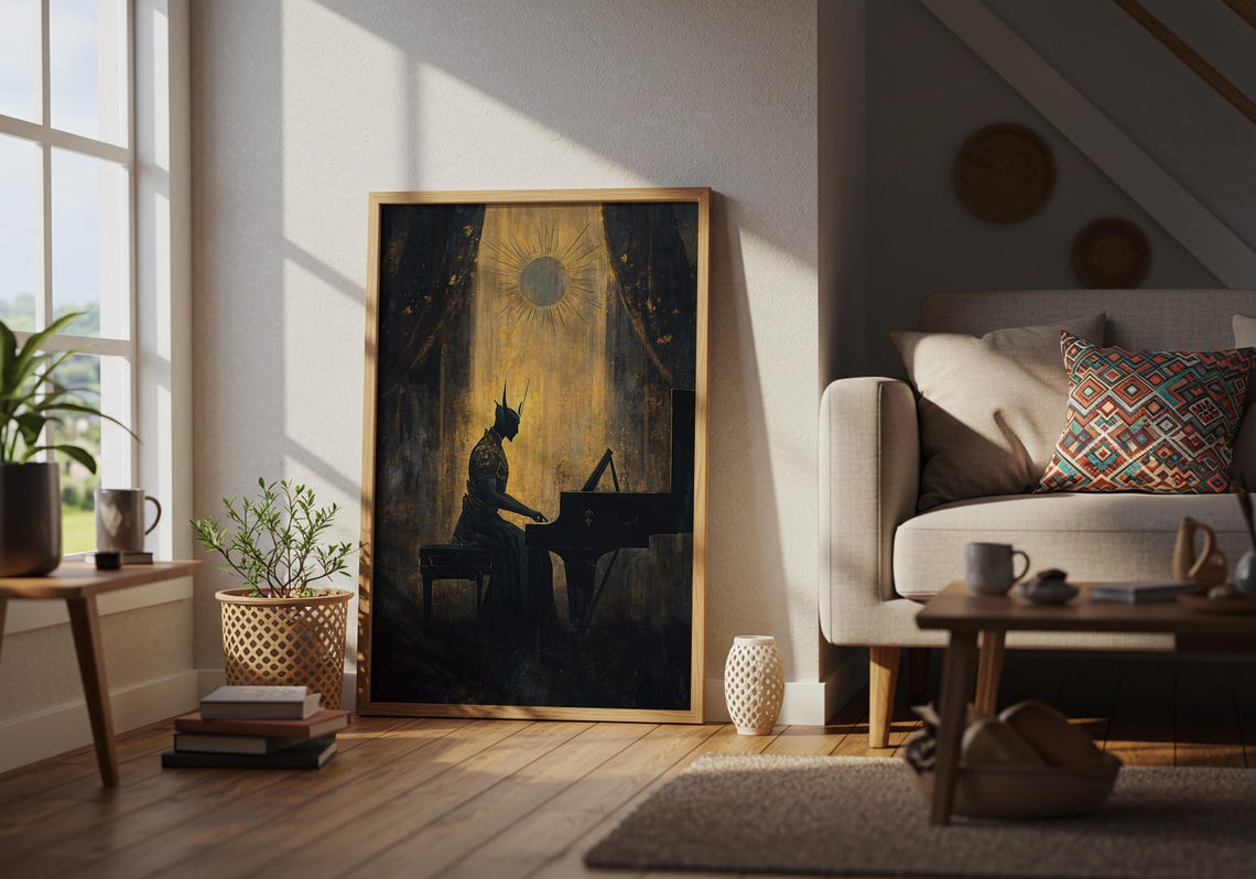 Mystical Pianist Silhouette Golden Dark Surreal Dreamy Wall Poster - Image 2