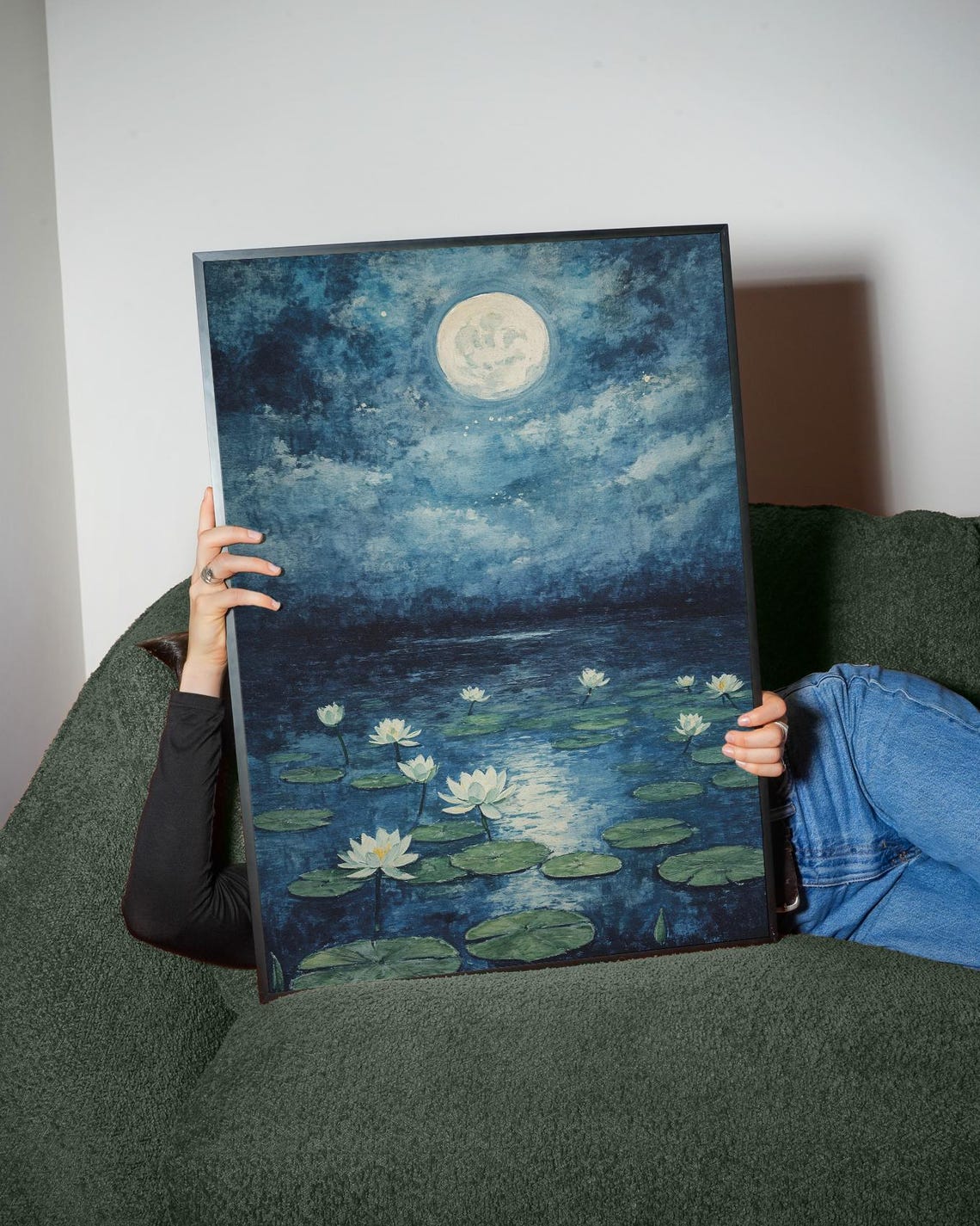 Moonlit Water Lily Lake Art Print Full Moon Night Lotus Painting