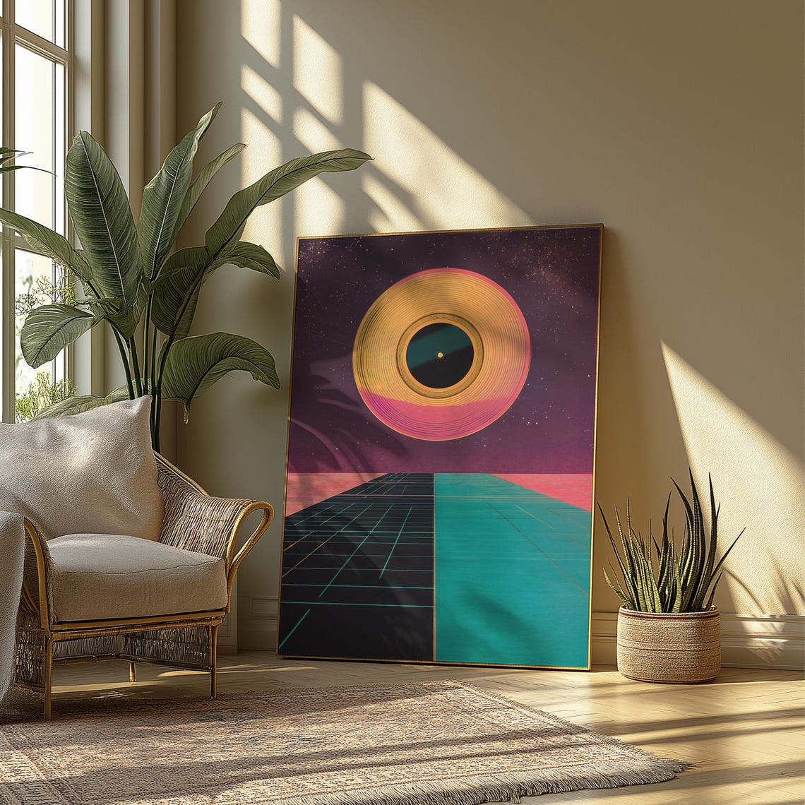 Synthwave Vinyl Record Sunset Neon Grid Retro Music Landscape Poster - Image 4