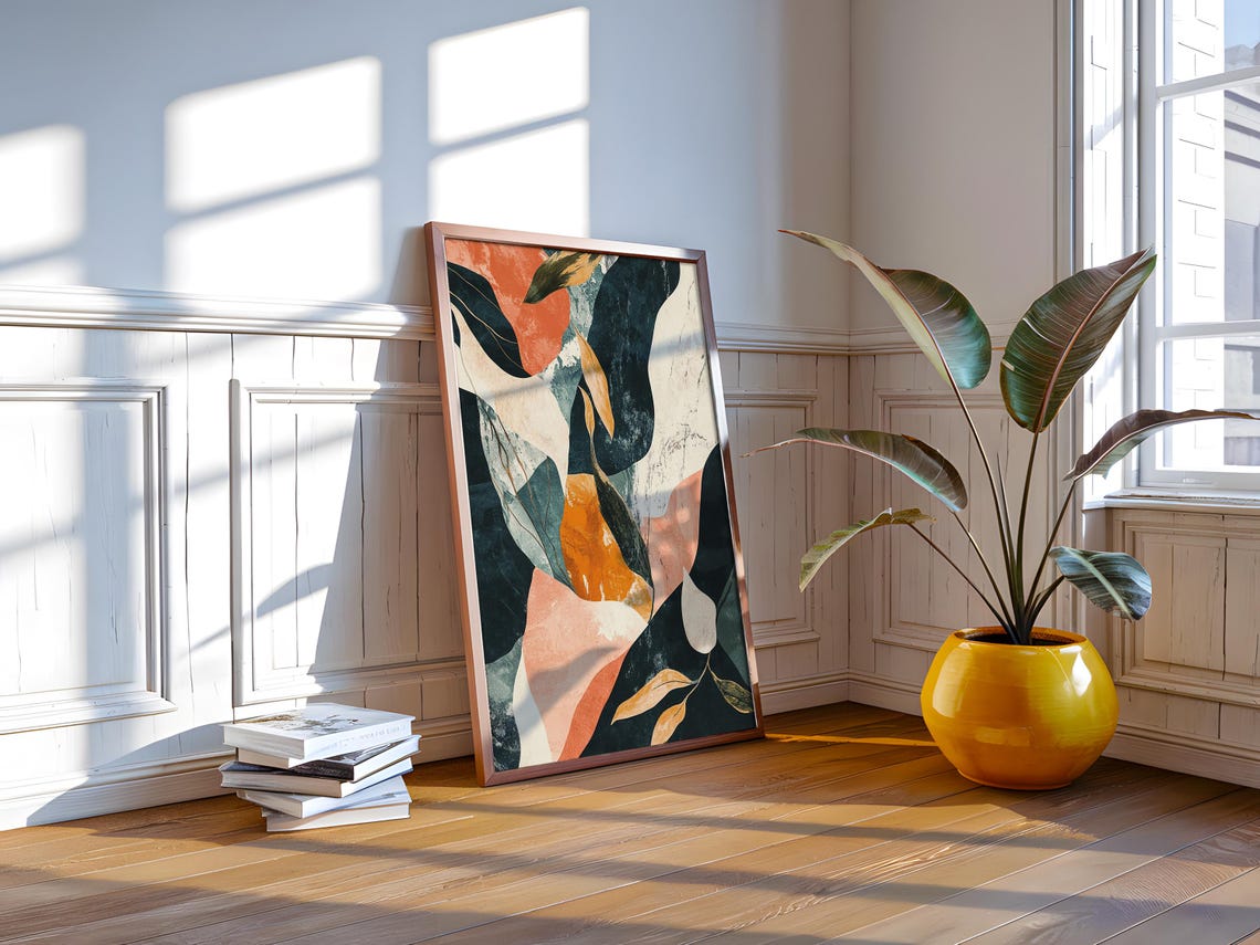 Earthy Abstract Leaves Terracotta Green Textured Modern Art Poster - Image 2