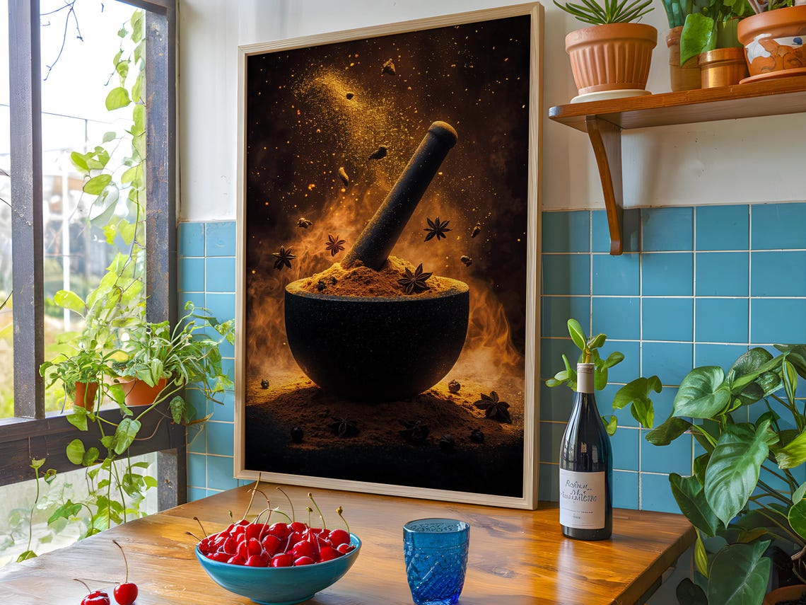 Mortar and Pestle Spices Star Anise Dark Moody Kitchen Art Poster - Image 3