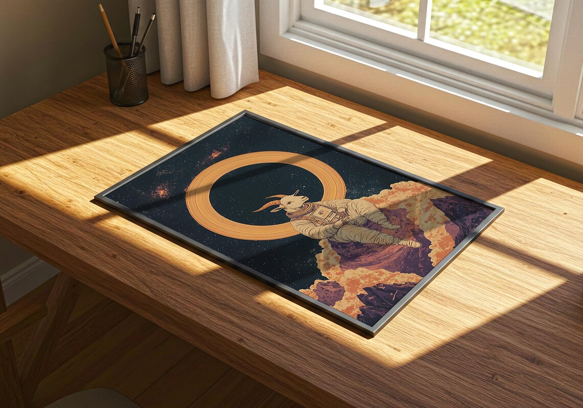Surreal Goat Astronaut on Cosmic Mountain Golden Halo Vintage Space Wall Art - Image 3