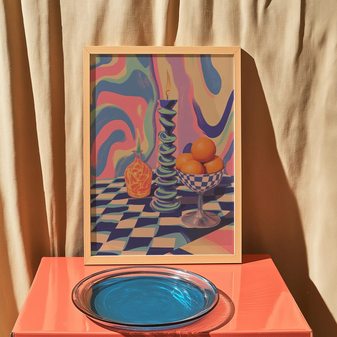 Colorful Still Life Candle Oranges Checkerboard Retro Poster - Image 5