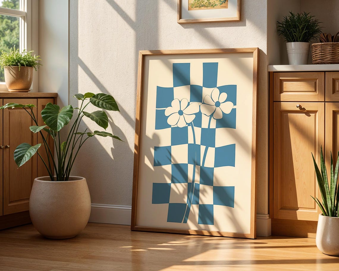 Blue Wavy Checkerboard with White Flowers Retro Boho Art Poster - Image 3