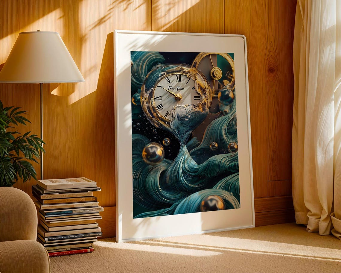 Surreal Melting Clock with Free Time Dial in Teal and Gold Poster - Image 4