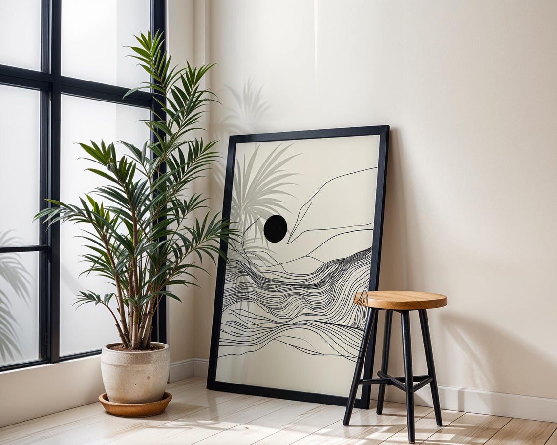 Minimalist Black Sun Line Art Print Abstract Wave Mountain Design - Image 5