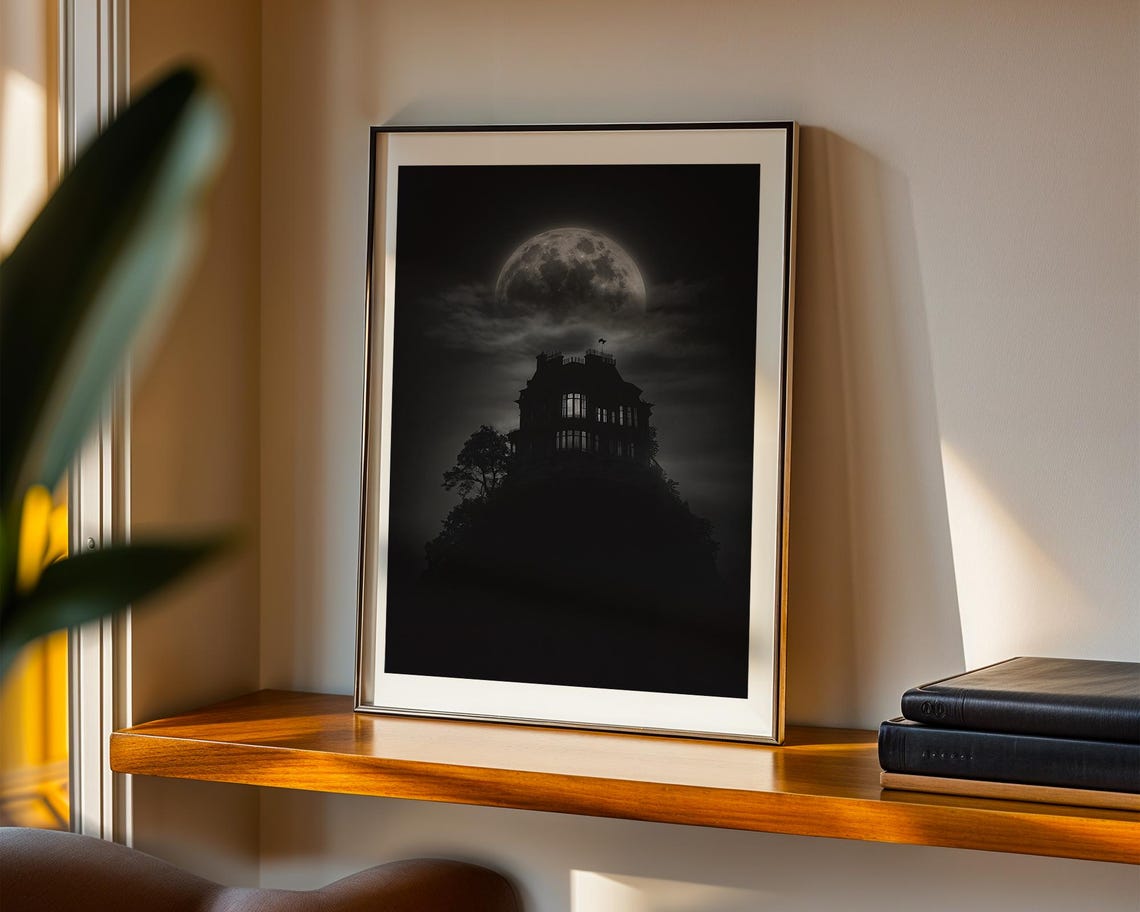Haunted Victorian House Full Moon Black and White Gothic Poster - Image 2