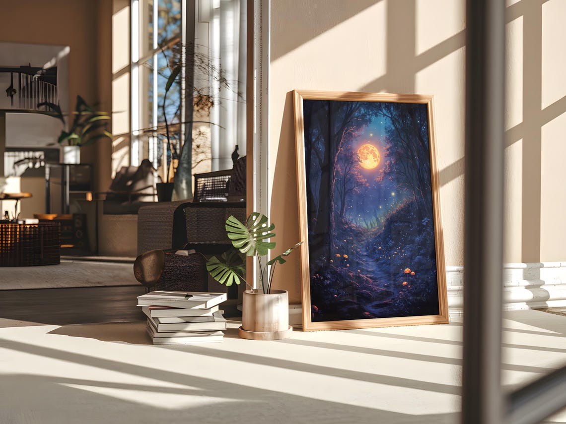 Enchanted Forest Giant Orange Moon Glowing Mushroom Path Poster - Image 3