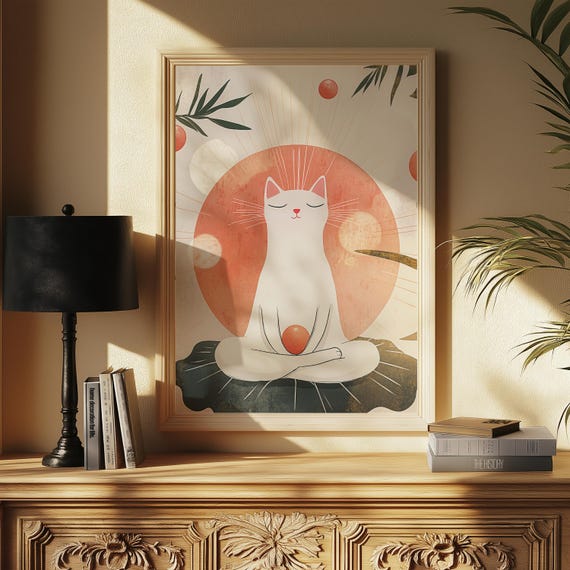 Zen Cat Meditation Art Print Tranquil Artwork Spiritual Feline Wall Decor
