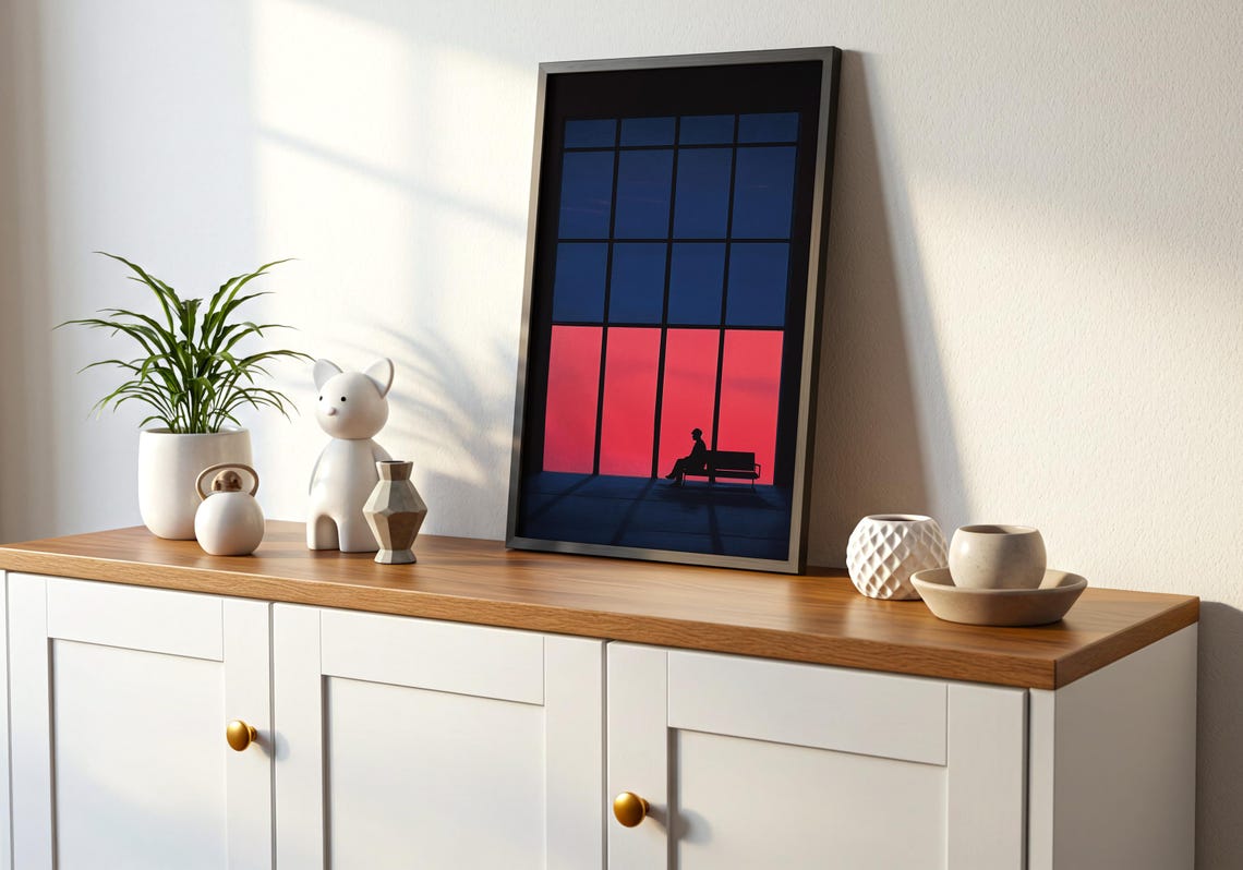 Silhouette Bench Sunset Giant Windows Blue Red Contrast Calm Poster - Image 2
