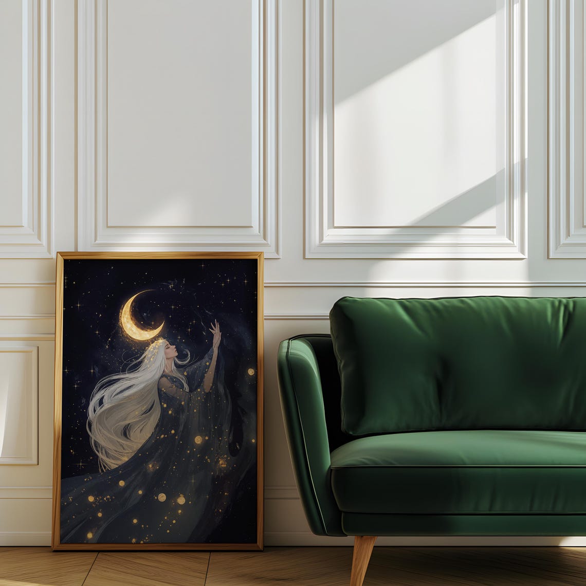 Moon Sorceress Reaching Crescent Moon Starry Night Fantasy Art Poster - Image 4