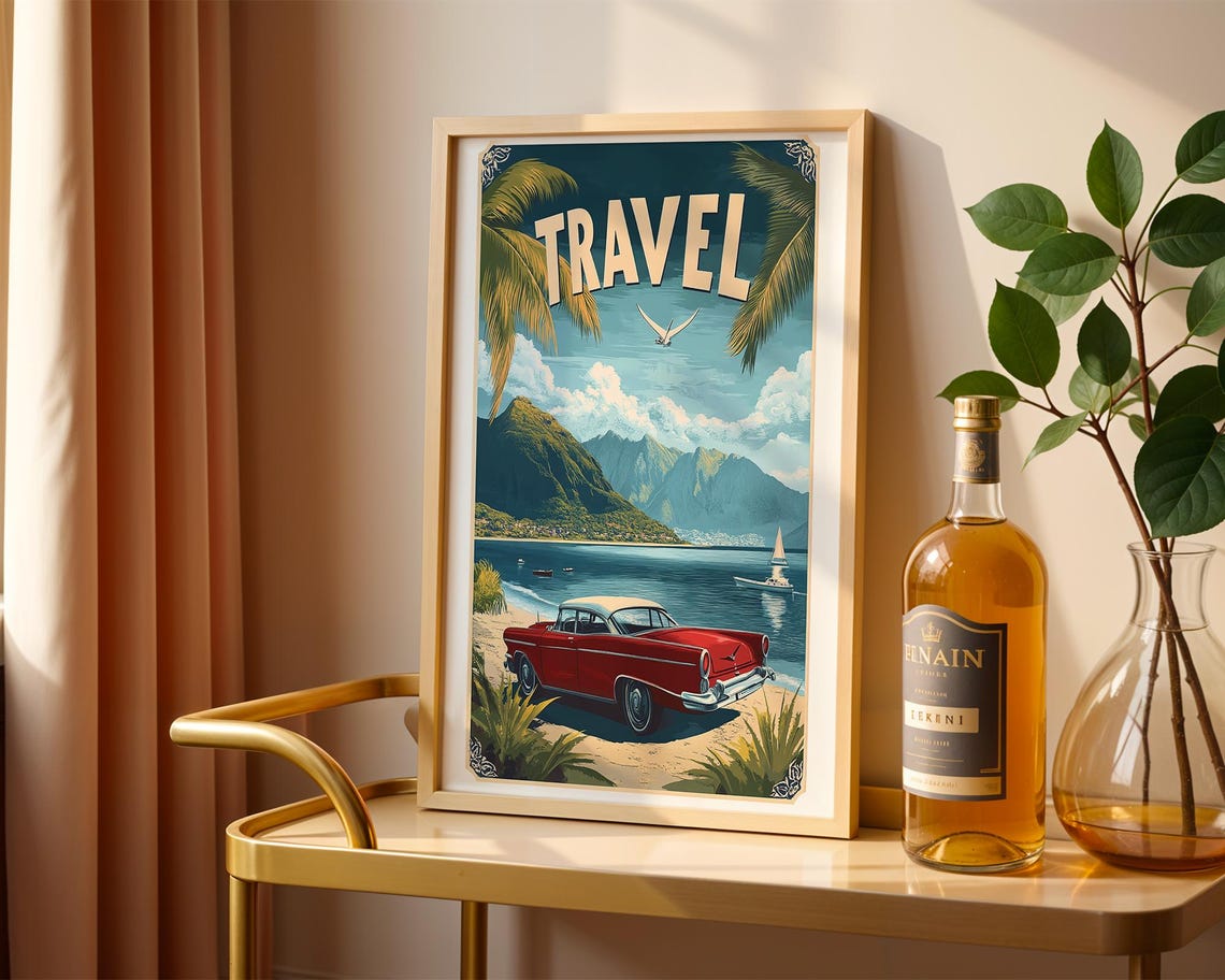 Retro Travel Classic Red Car Coastal Seaside Vacation Art Poster - Image 2