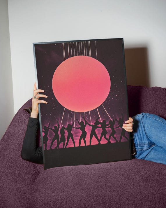 Dancers Red Moon Art Print Cosmic Dance Silhouette Poster Vibrant Celestial