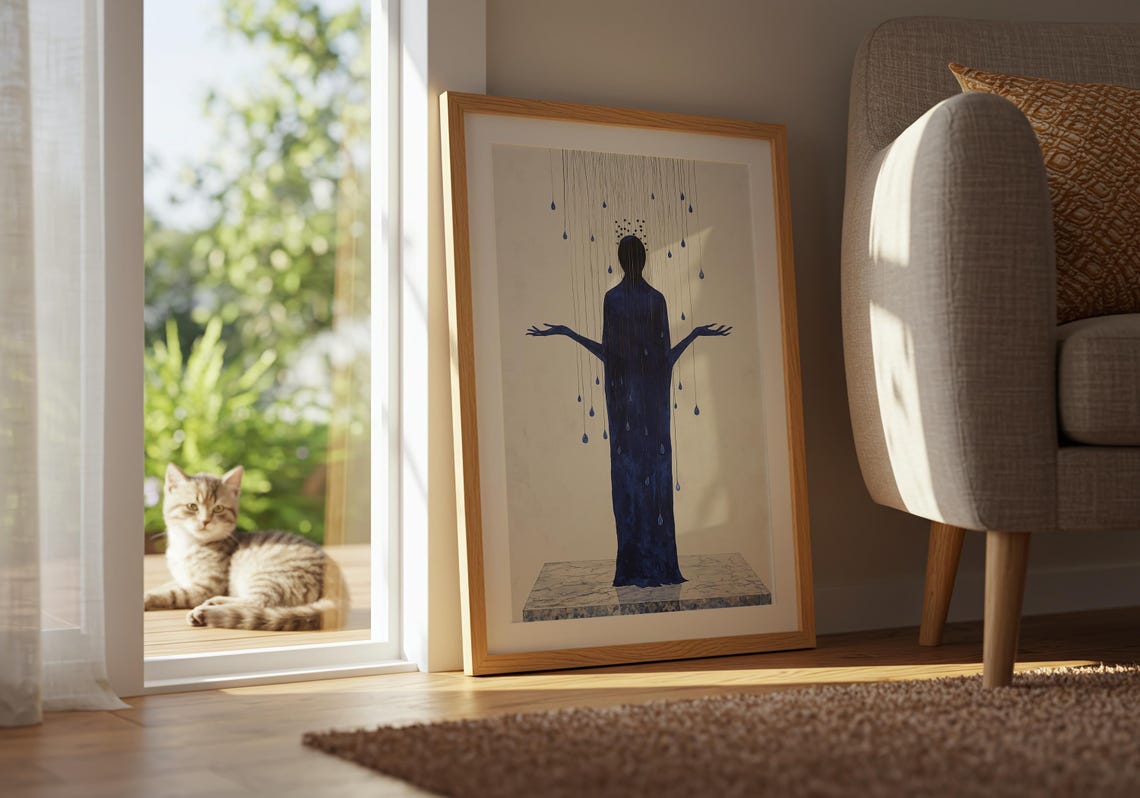 Blue Silhouette Figure Gentle Rain Minimalist Emotional Poster - Image 3