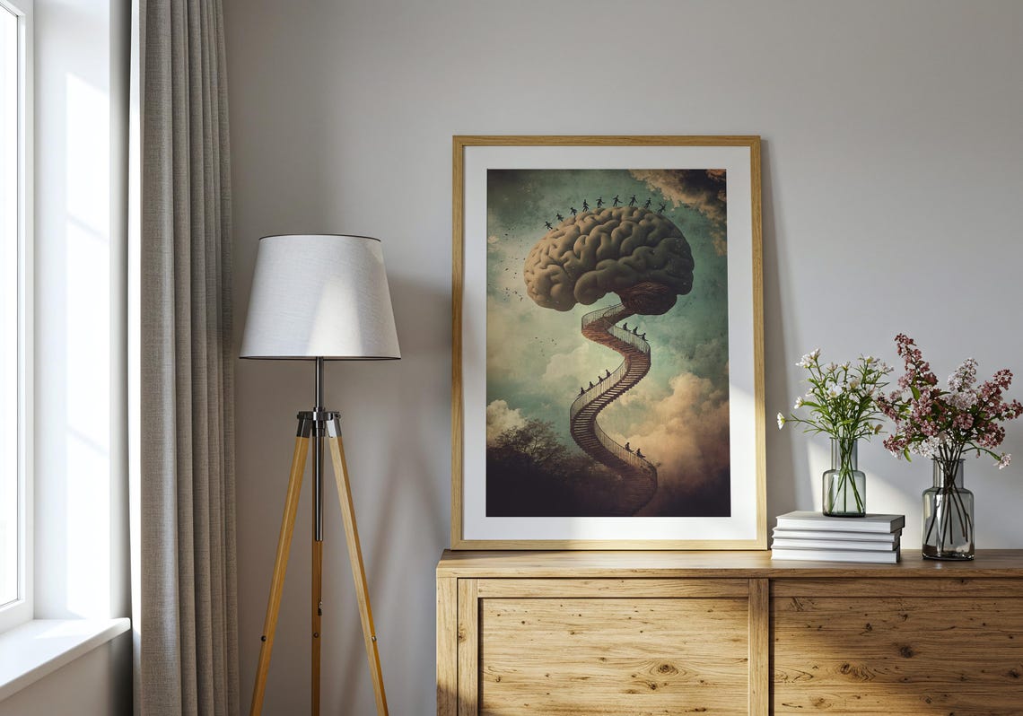 Brain Spiral Staircase Tiny Climbers Surreal Mind Journey Art Poster - Image 3