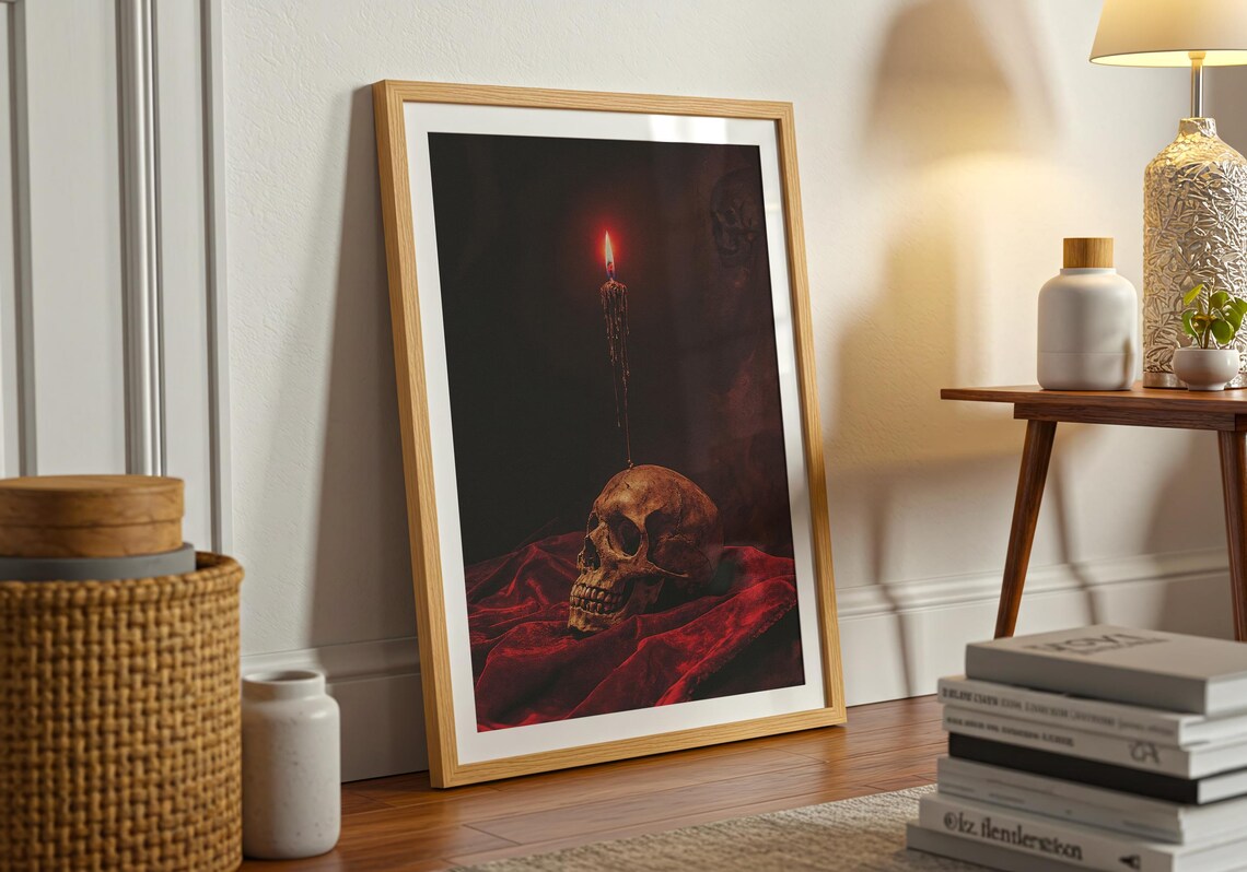 Gothic Skull with Burning Candle on Dark Red Velvet Memento Mori Poster - Image 3